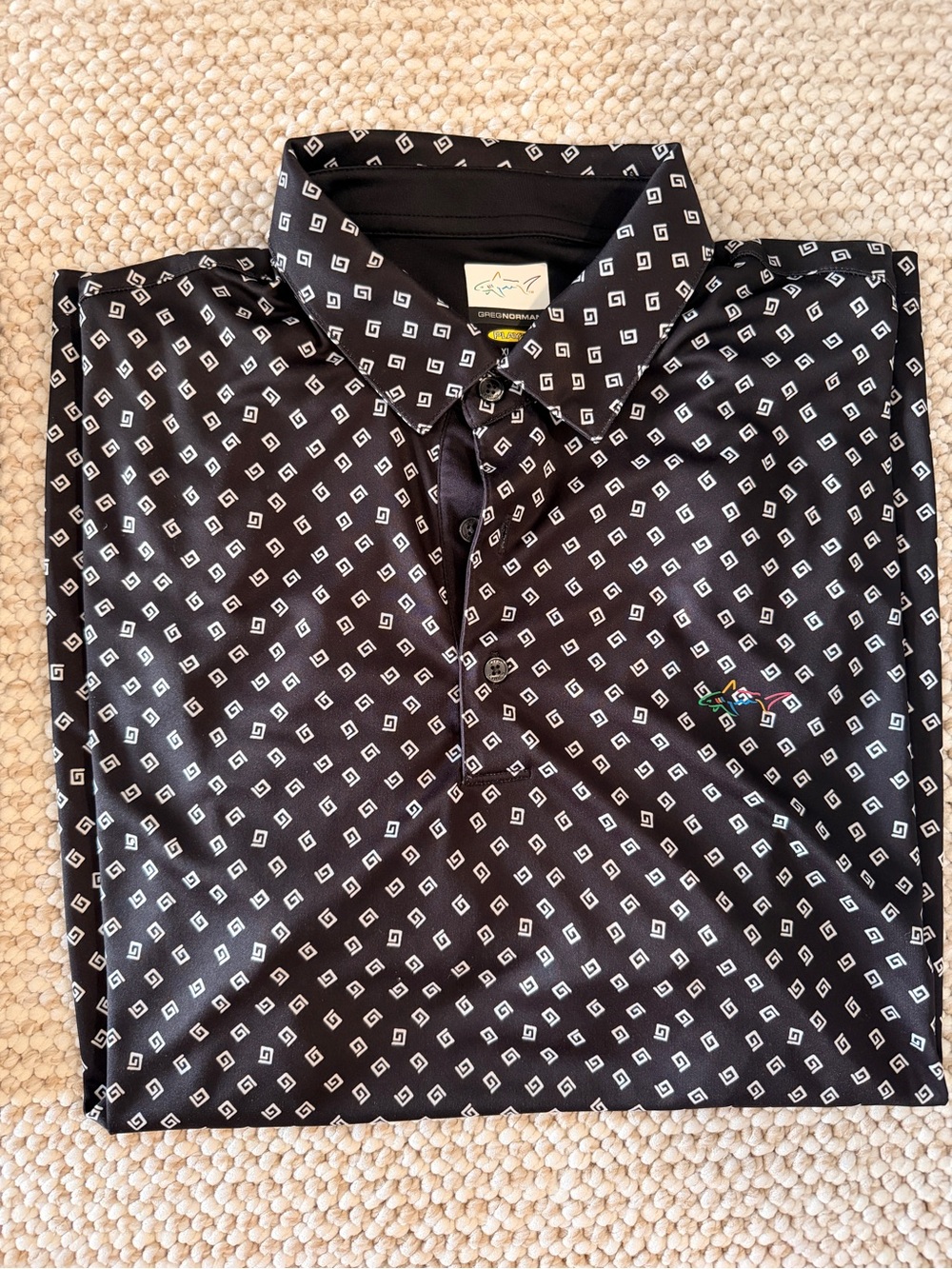Greg Norman Collection Black Polo with White Geometric Print